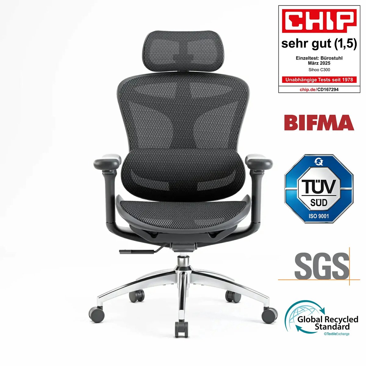 SIHOO Doro C300 Ergonomische Bureaustoel - 4D Armleuningen - Zelfaanpassende Lendensteun - Verstelbare Rugleuning - Mesh Rugleuning - 150kg - Kantoor/Thuis/Gaming - Zwart - SIHOO - €379,99