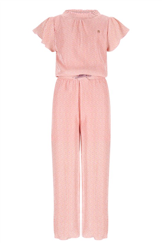 Roze jumpsuit met korte pofmouwen, opstaande kraag en all-over stippenprint. Met een strikceintuur.