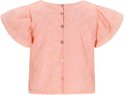 Perzikkleurige kanten blouse met wijde, korte mouwen en decoratieve rand aan de onderkant.