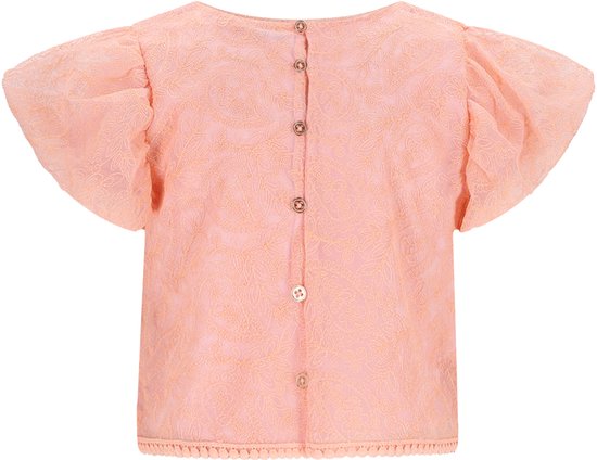 Perzikkleurige kanten blouse met wijde, korte mouwen en decoratieve rand aan de onderkant.