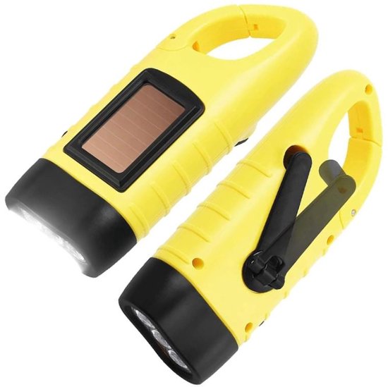 2x Opwindbare Zaklamp - Led Knijpkat met Dynamo - Dynamo Zaklamp - Waterproof Zaklamp - Solar Zaklamp - Zaklamp Survival - Noodverlichting - Dynamo - Zonne-energie - Carabiner - voor Buiten, Wandelen - Geel