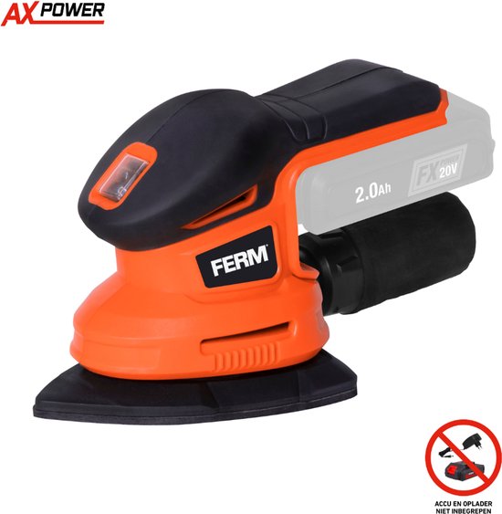 Oranje en zwarte 20V detail vlakschuurmachine van FERM met afneembare stofzak. Batterij niet inbegrepen.