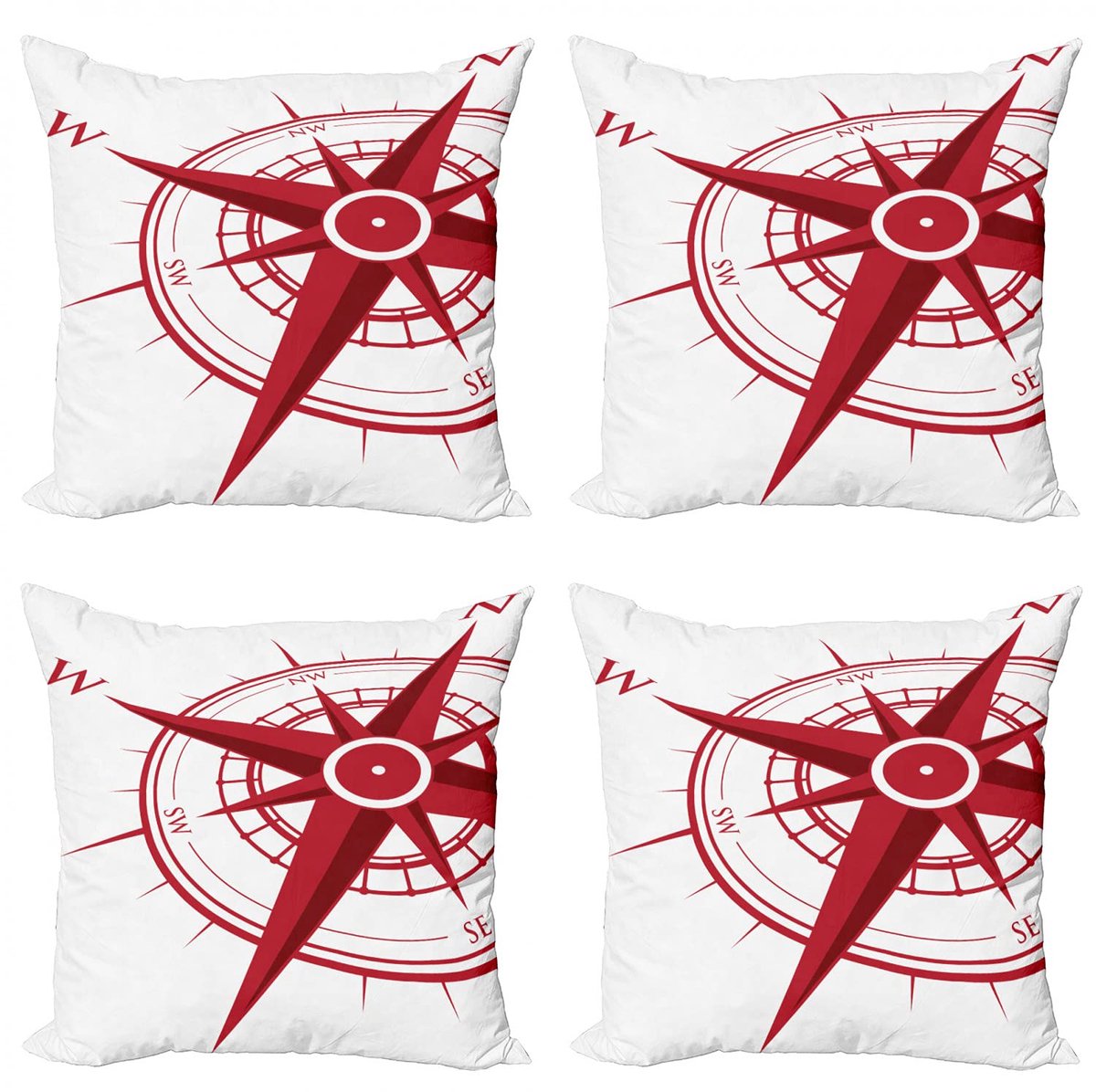 ABAKUHAUS Kompas Kussenhoezen Set – 4x 40x40 cm – Dubbelzijdig Digitaal Druk – Vermiljoen Robijn/Wit Vermilion Ruby