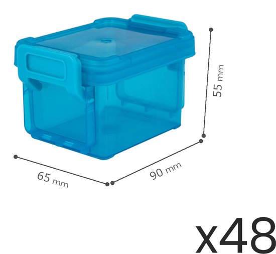Petite boîte de rangement bleue en plastique transparent avec poignée et clips bleus, dimensions 65 x 90 x 55 mm. Lot de 48.