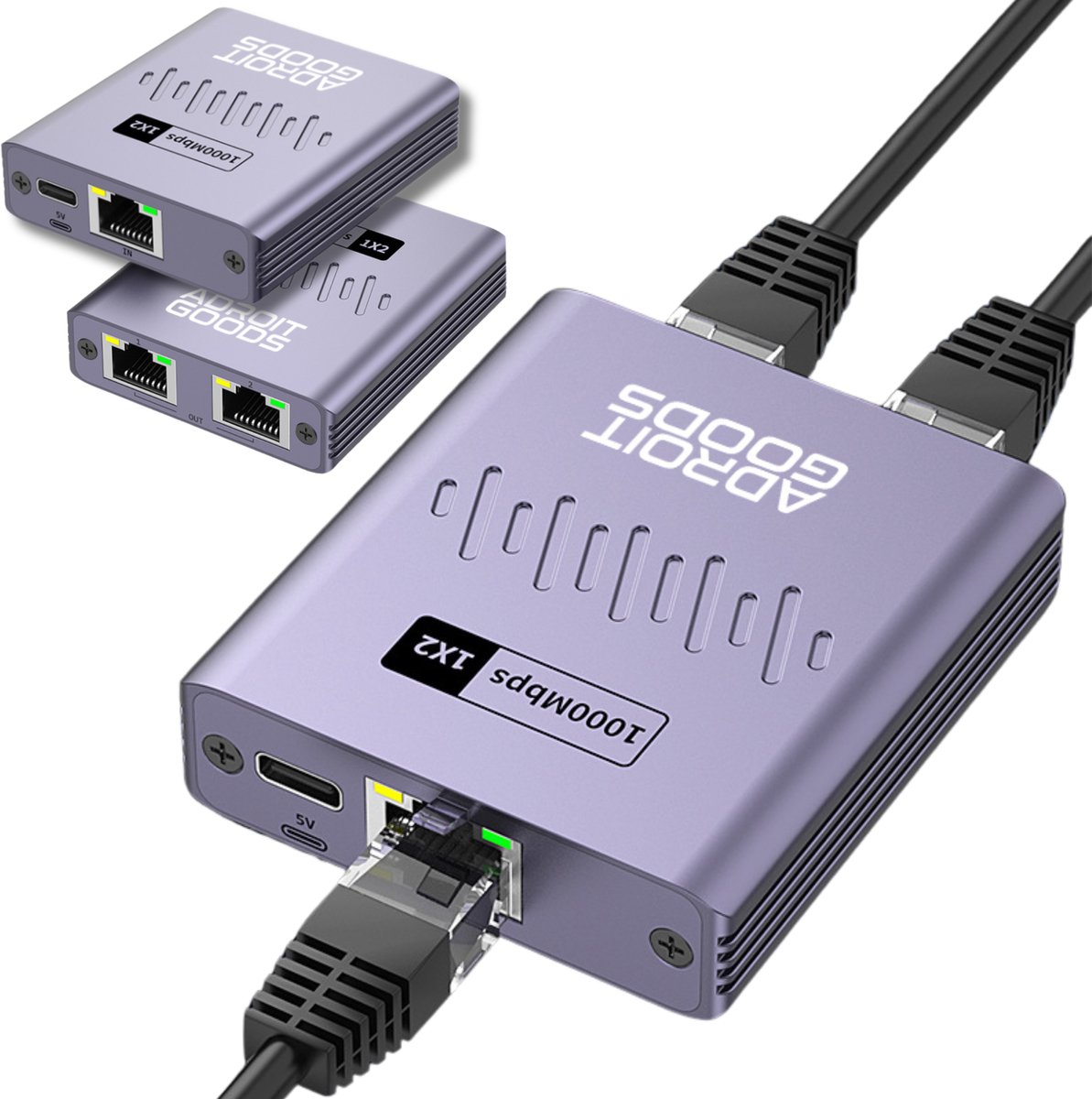 AdroitGoods Gigabit Netwerk Actieve Splitter Adapter - 1 naar 2 poorten - 1000MBps - Met USB-C voeding kabel - Internet Switch