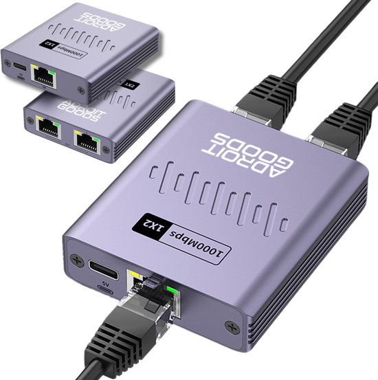 AdroitGoods Gigabit Netwerk Actieve Splitter Adapter - 1 naar 2 poorten - 1000MBps - Met USB-C voeding kabel - Internet Switch