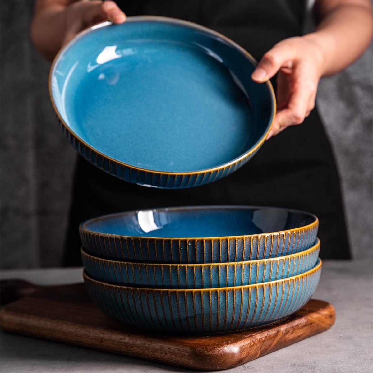 Cosensi - Set van 4 keramische pastakommen - Blauwe premium porseleinen serveerschalen - 1000 ml dinerkomsets voor pasta, salade, soep en fruit
