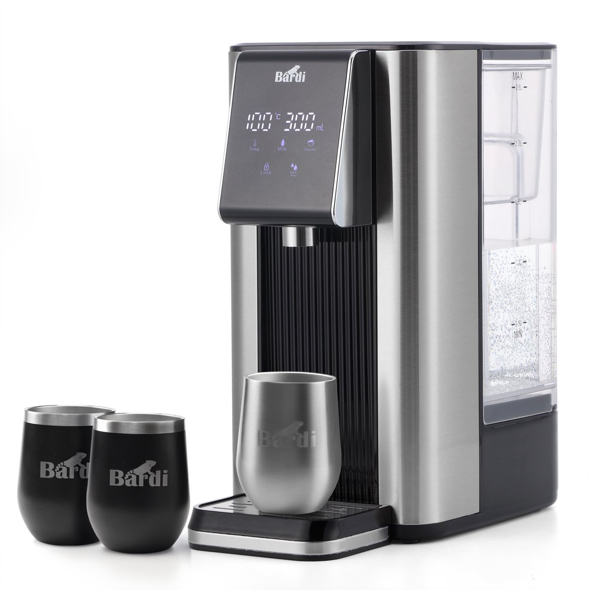 Bardi Heetwaterdispenser 2,6L – 6 Temperatuurstanden 45-100°C – Instant Waterkoker – Touch Display – Inclusief 3 Thermoscups (RVS + Zwart) & Onderzetter – RVS