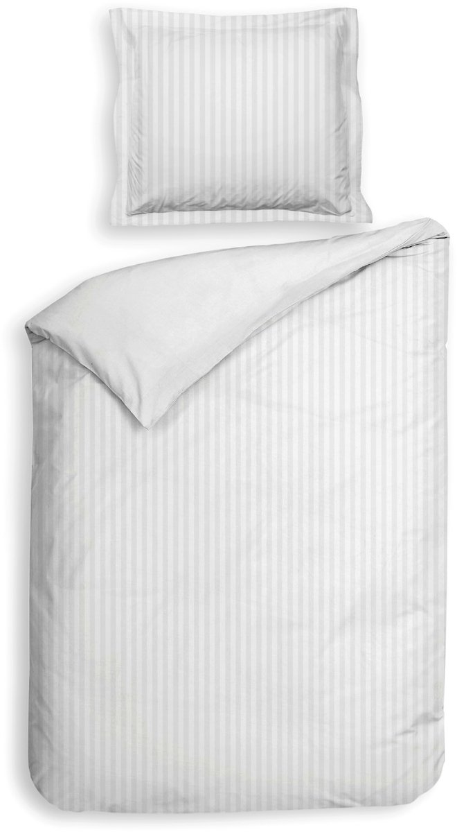 Heckettlane Dekbedovertrek Banda - Bedlinnen met Strepen - 140x220 cm - Wit - Dekbedovertrek van 100% Katoen-Satijn
