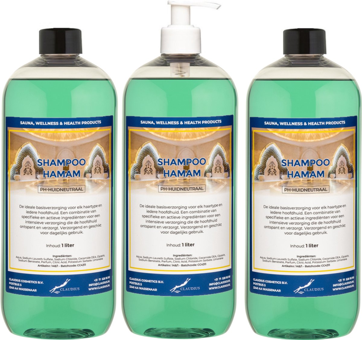 Shampoo Hamam 1 liter met witte pomp - set van 3 stuks - voordeelverpakking - haarverzorging