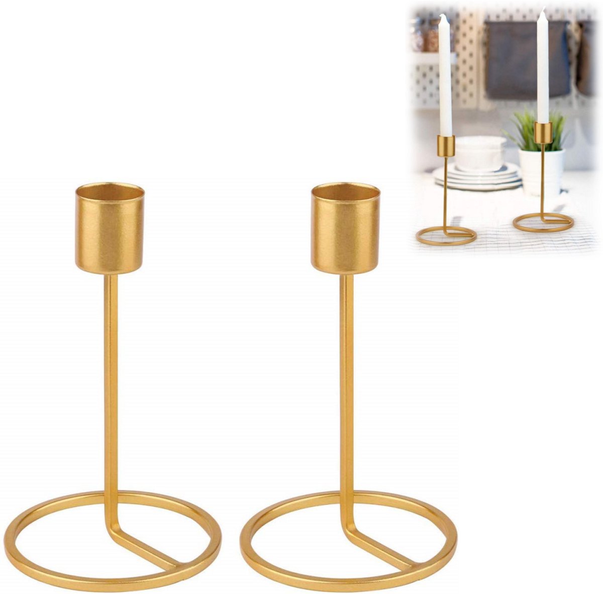 2 stuks - Kandelaars - Metalen kandelaars - Minimalistische stijl - Vintage - Kaarsenhouders - Geschikt voor romantische dinerdecoraties, bruiloftsarrangementen, kaarsenopstelling - Gestroomlijnd ontwerp - Klein formaat - Goudkleurig