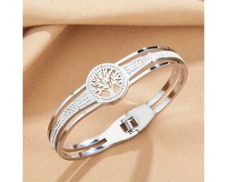 Sjika - Levensboom Armband Dames – Stainless Steel – Zilveren Bangle – Anti-Allergisch – Met Sprankelende Kristallen - Cadeau voor haar
