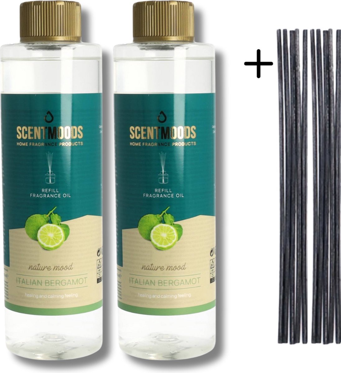 Scentmoods Geurstokjes Navulling Bergamot Set van 2 + 12 Geurstokjes - Geurverspreider - Luchtverfrisser - Huisparfum - 400ml x 2