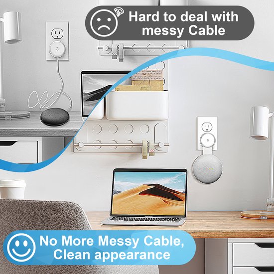 Witte houder voor Google Nest Mini in stopcontact, maakt bureau opgeruimd. Links een rommelig bureau, rechts een opgeruimd bureau.