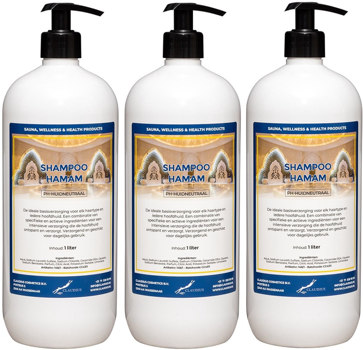 Shampoo Hamam 1 liter met 3 witte pompen - set van 3 stuks - voordeelverpakking - haarverzorging