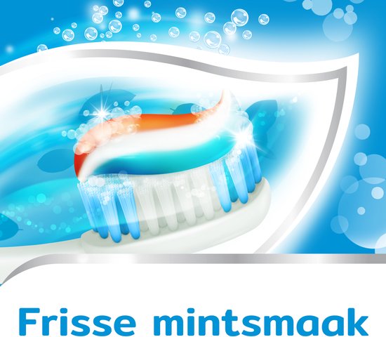 Tandpasta in een tand met 24 uur glazuurschild. Tekst "24uurs Glazuurschild".