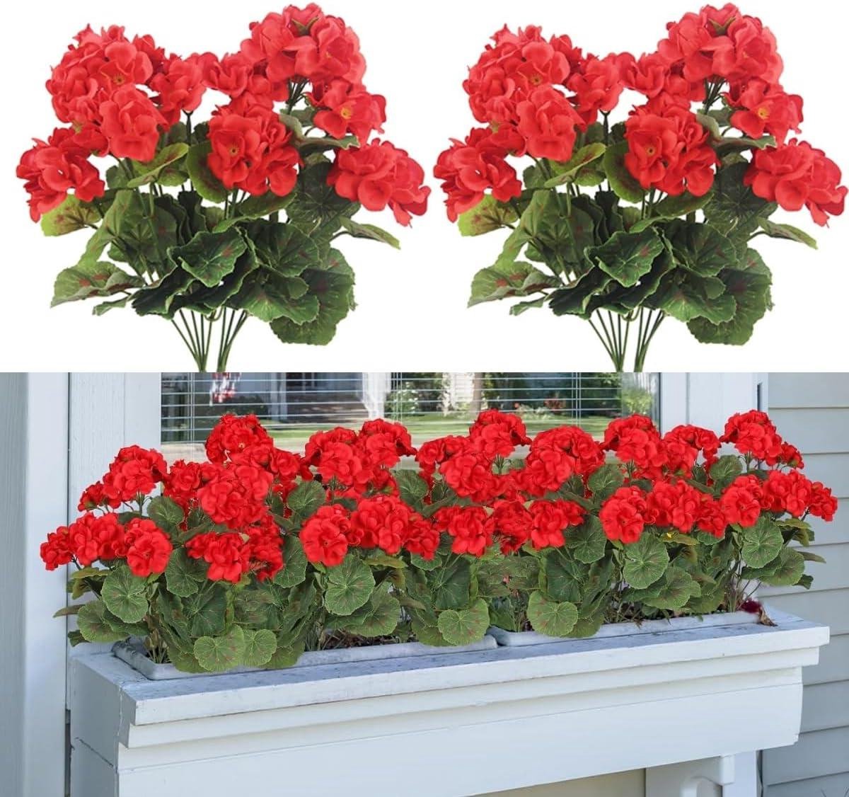 Cosensi - Nep Geraniums Bloemen voor Buiten Binnen Huis Balkon Decoraties - UV-bestendig - Kunstmatig - Zijden - Faux - Rood - 2 stuks - Tuininrichting