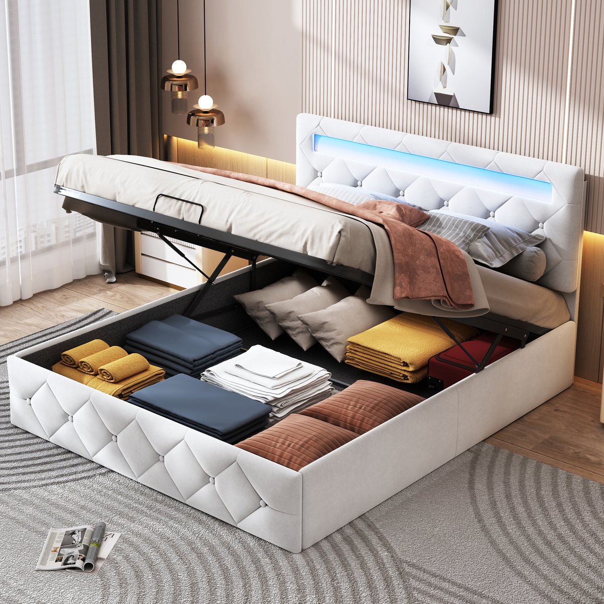 Gestoffeerd bed 160 x 200 cm met oplaadpunten en ledverlichting, tweepersoonsbed met verstelbaar hoofdeinde en hydraulische opbergruimte, opbergbed met lattenbodem, jeugdbed, fluweel, beige, zonder matras (splitsen voor 2 pakketten voor verzending)