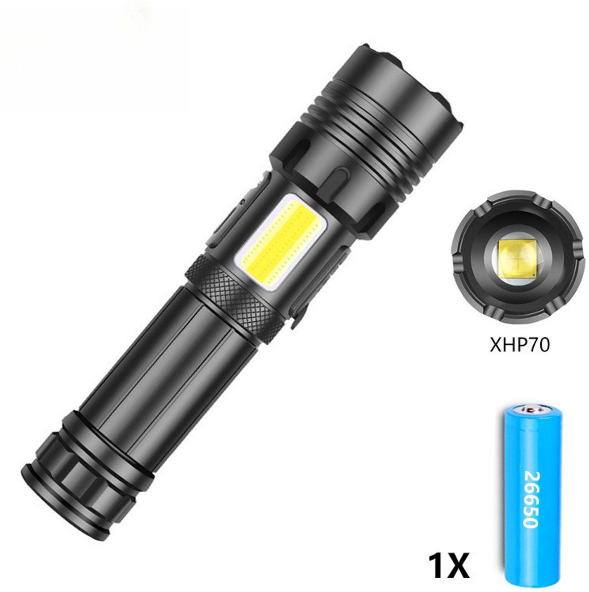 LED oplaadbare draagbare zaklamp, met meerdere werkmodi en verstelbare lichtbron, IPX4 waterdicht, geschikt voor thuis en outdoor gebruik, campingzaklamp, buitenzaklamp, draagbare zaklamp, specificatie 4