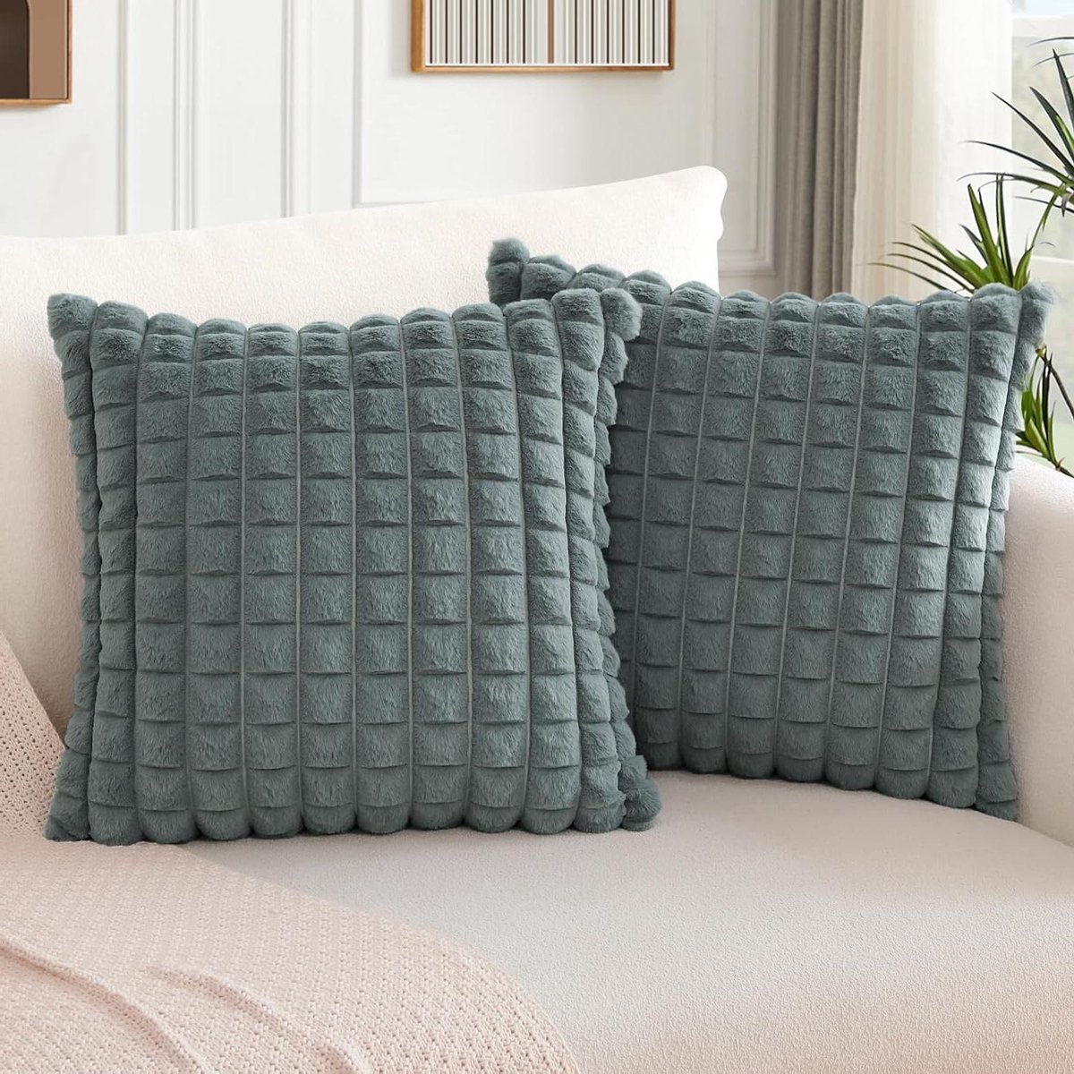 Cosensi Pluche fluwelen kussenslopen set van 2 - Kunstbont met plaid textuur - Sierkussenovertrekken voor bank en slaapkamer - Grijs 60 x 60 cm Any