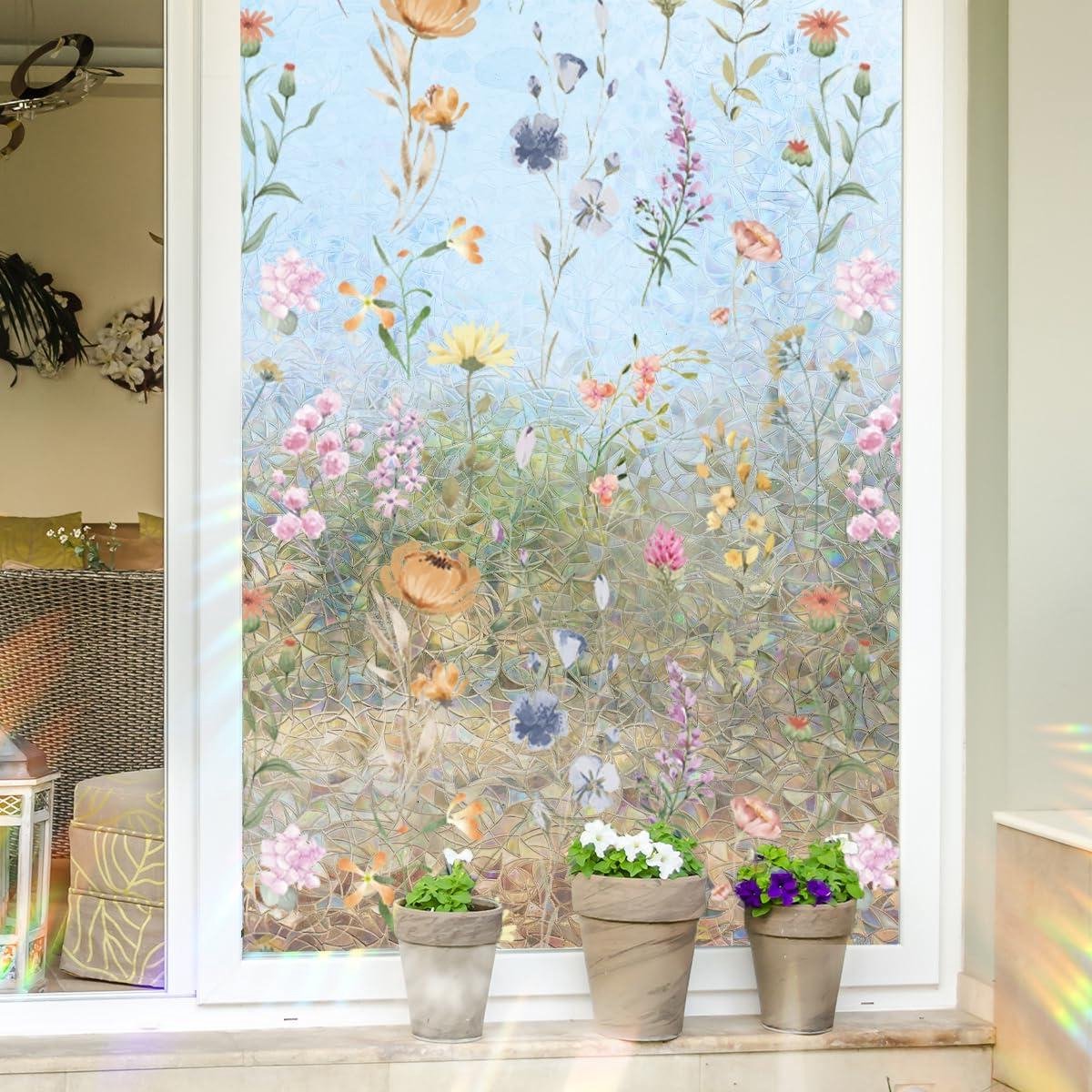 Cosensi Raamfolie privacyfolie regenboog wilde bloemen 3D decoratieve vinyl glas-in-lood boho bloemenstickers 40 x 101,6 cm
