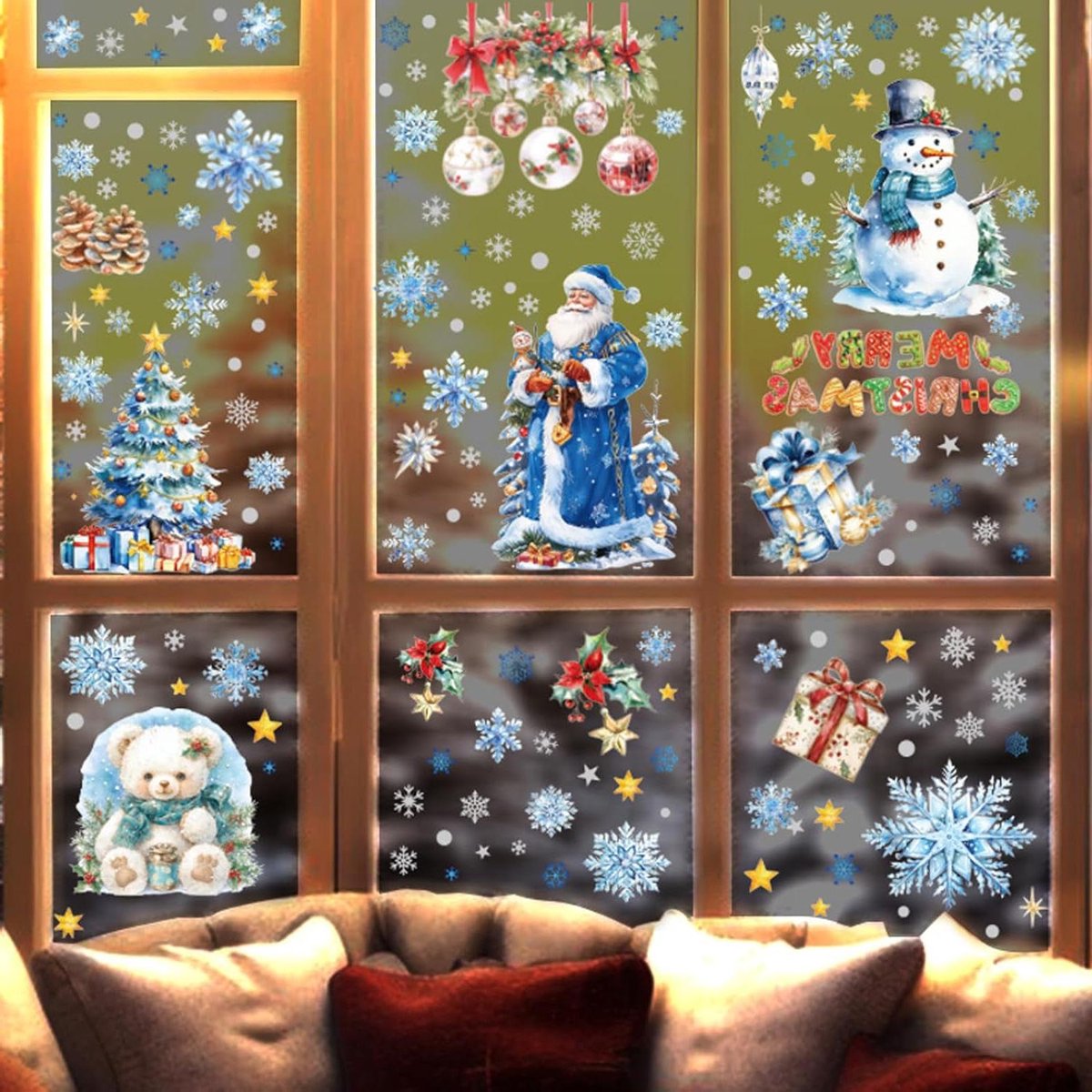 Cosensi - Kerstraamstickers Sneeuwvlok Kerstman Kerstdecoraties 9 stuks