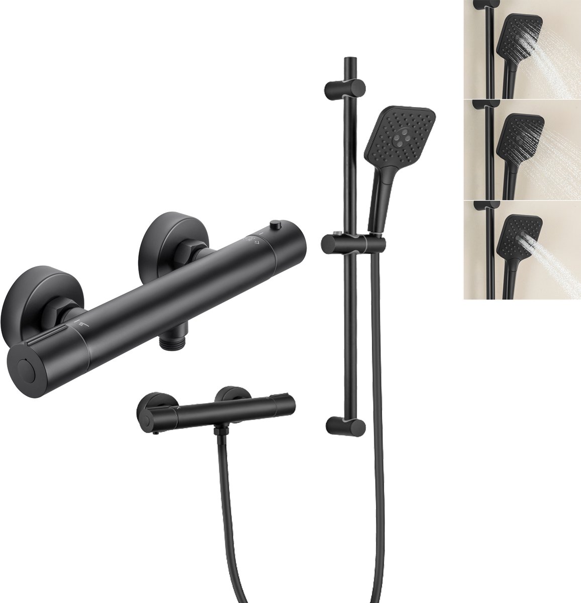 DERW Max Thermostatische Douchekraan - Glijstang Doucheset - Hoge Druk - 3 Standen Handdouche - Verstelbaar Glijstang - Doucheslang 150 cm - Waterbesparend - Zwart