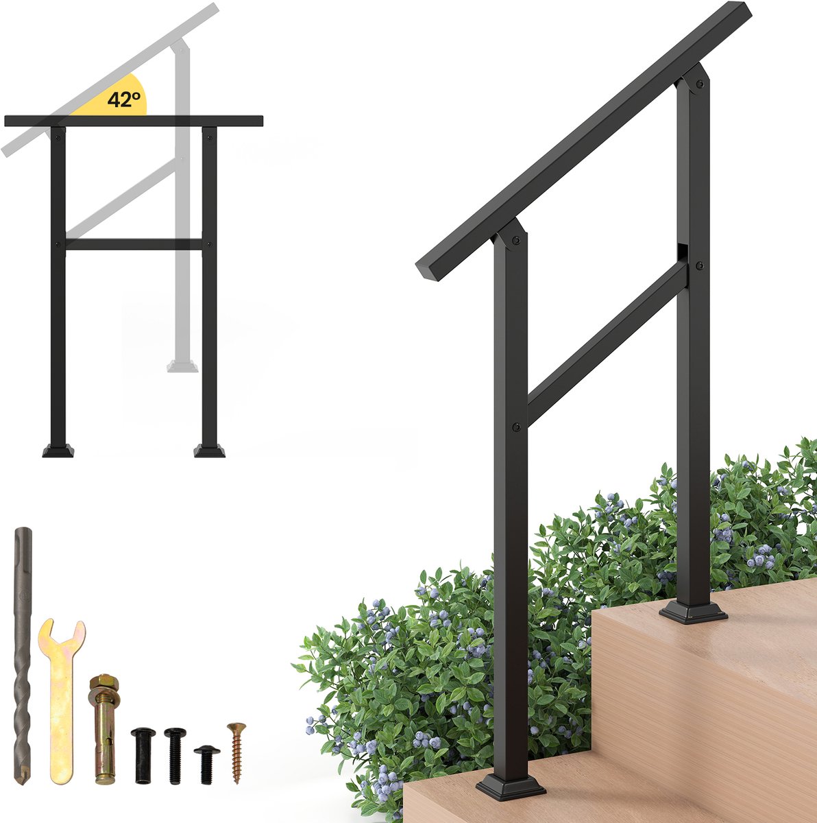 COSTWAY Leuning, trapleuning, zijdelingse montage, entree met flexibele hoekverstelling, trapleuningen, incl. montagemateriaal, voor binnen en buiten (70 cm)