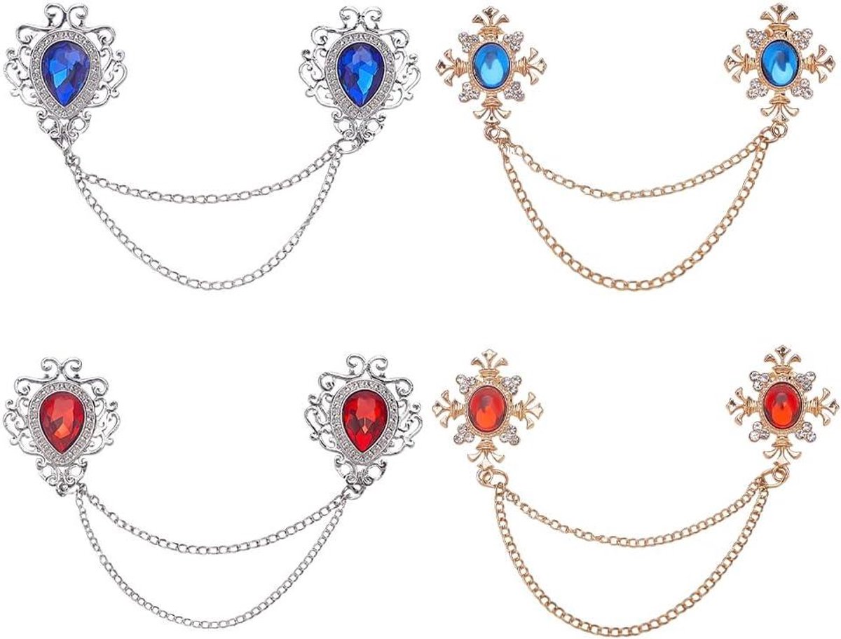 Cosensi - Set van 4 trui sjaal kettingclips in 4 stijlen - Vesten kraaghouder met strass decoratie - Vesten clip in goud/platina.