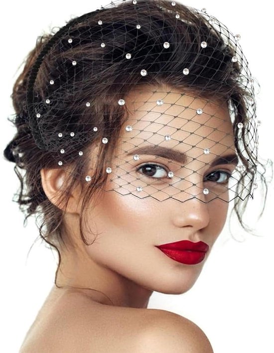 Cosensi - Zwarte Fascinators met Sluier en Strass voor Vrouwen. Accessoires voor 1920 Stijl, Bruidssluier voor Thee Bruiloften.