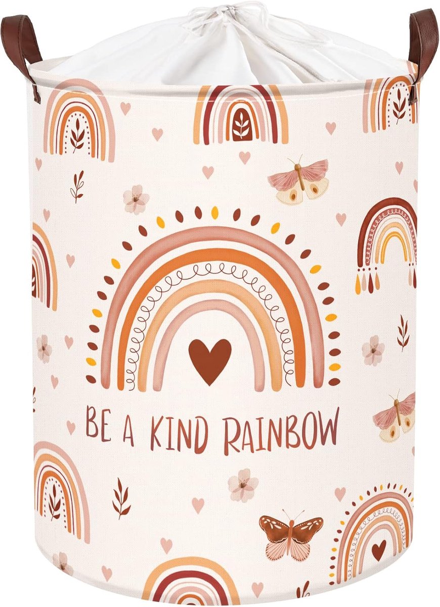 Famanu - Boho roze regenboog kinderwasmand 63L met deksel 40x50cm