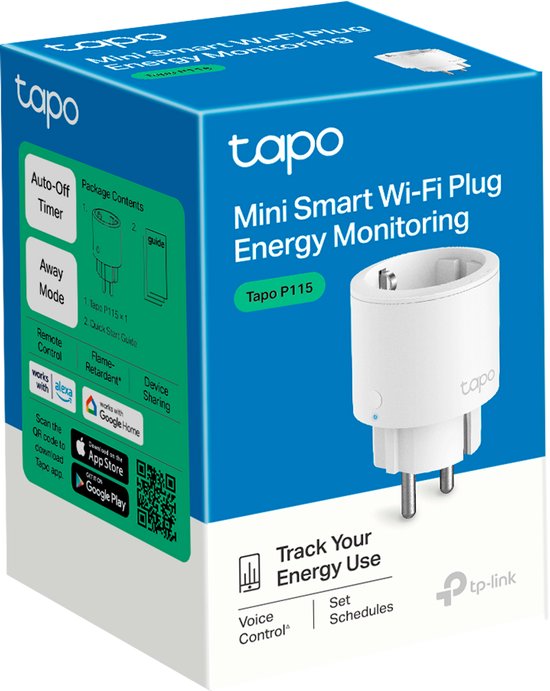 Tapo P115 Mini Smart Wi-Fi Plug met energiemonitoring in verpakking.