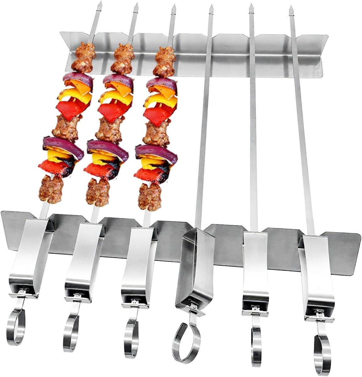 Cosensi - Set van 6 roestvrijstalen shasliekspiesen met BBQ-rek, herbruikbaar voor vlees, groenten en vis, inclusief 2 kebab rekken en 6 barbecuespiesjes - BBQ-accessoires voor gevarieerd grillplezier