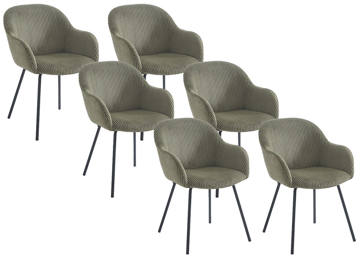 Vente-unique Set van 6 stoelen met armleuningen van ribfluweel en zwart metaal - Kaki - MARENZIA