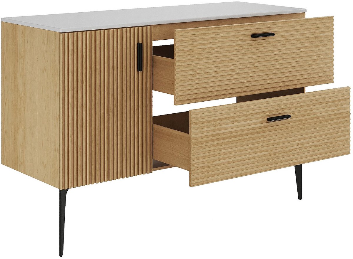 Vente-unique Badkamermeubel op poten met wastafelblad - 1 deur en 2 lades - kleur: Licht naturel gestreept- 120 cm - SARONE