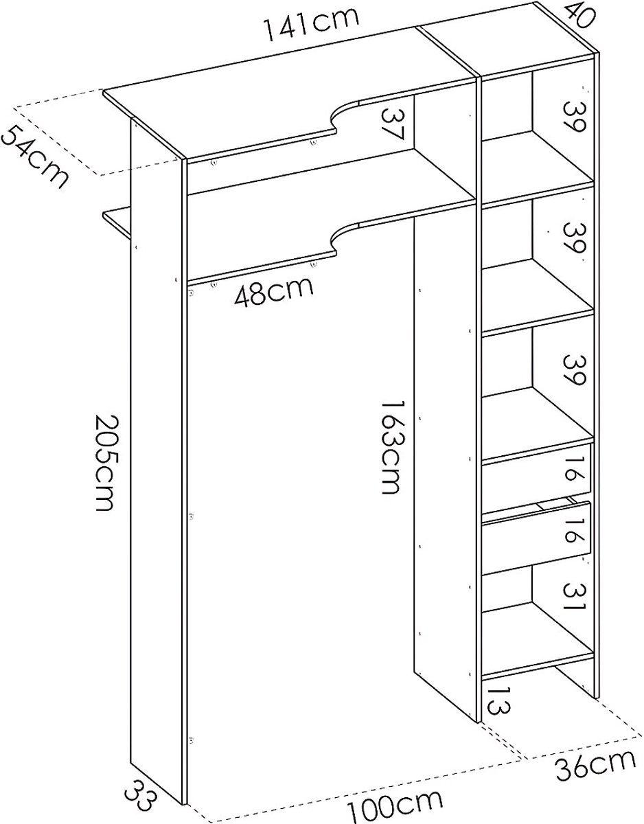 Vente-unique Verstelbare kledingkast DORIAN - L164/234 cm - Wit en grijs