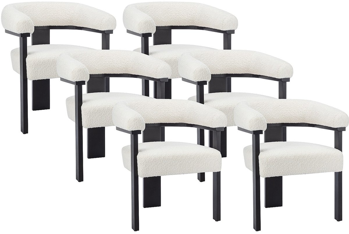 Vente-unique Set van 6 stoelen met armleuningen van boucléstof en heveahout - Wit en zwart - LIVELIA
