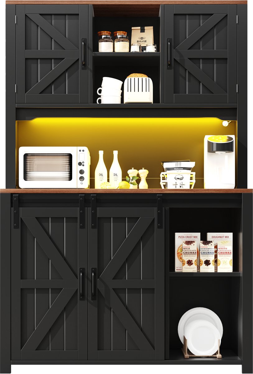 Keukenkasten (115 x 40 x 174,7 cm), hoge keukenkasten, dressoirs, keukenkasten met schuifdeuren en LED-verlichting, zwart