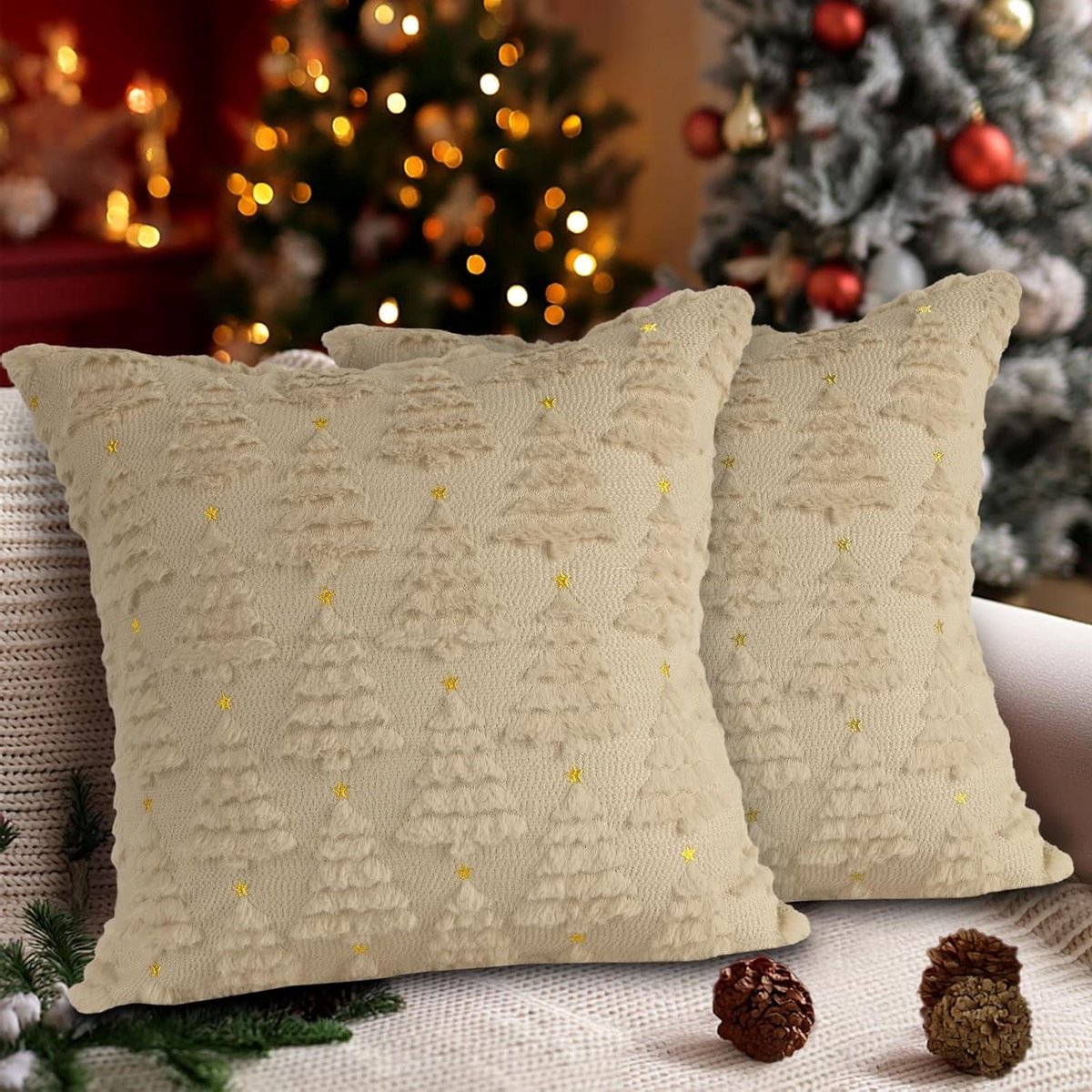 Cosensi Kerstkussenhoezen 45 x 45cm Set Van 2 - fluwelen decoratieve kussenhoezen - winter kussenhoes voor Thuis Woonkamer Slaapkamer - Bank Bed Kerstdecoratie - Ster Kerstboom Beige Any