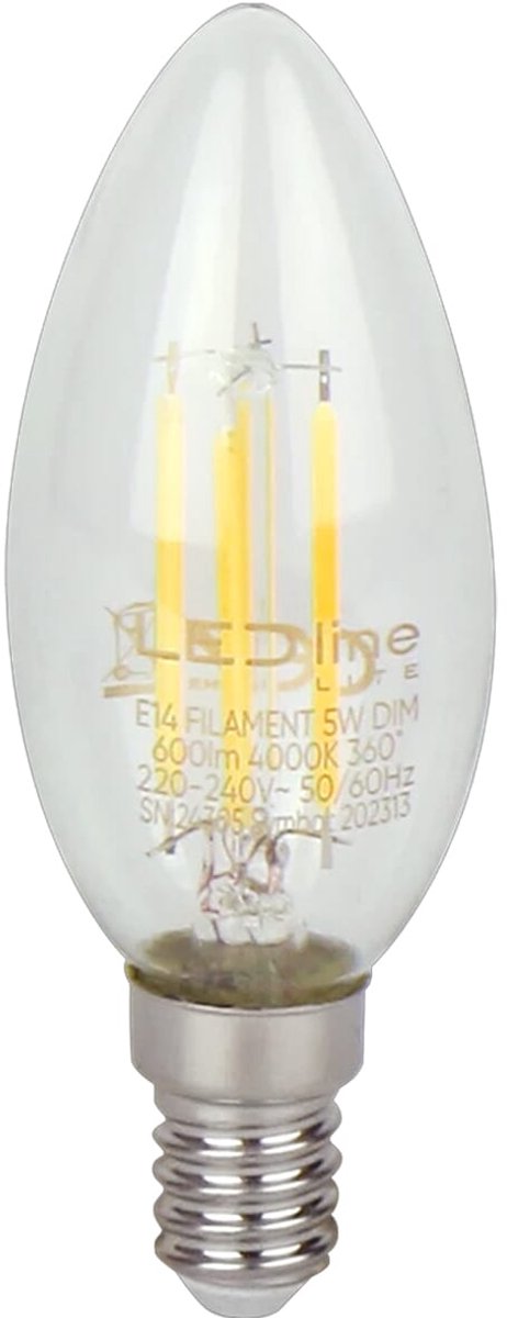 LED line LITE LED Filament Kaarslamp C35 E14 - 5W (vervangt 50W) - 600lm - Ø35mm - 230V - Dimbaar - Energiezuinig