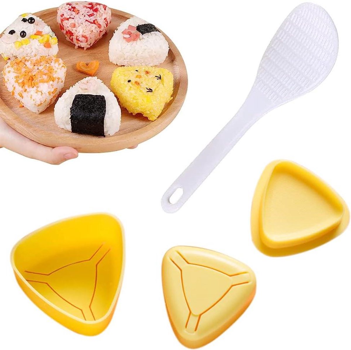 Cosensi - Sushi vormpjes voor Onigiri en sushi - 2 stuks, rijstbalvorm met lepel - lichtgeel - sushi gereedschap
