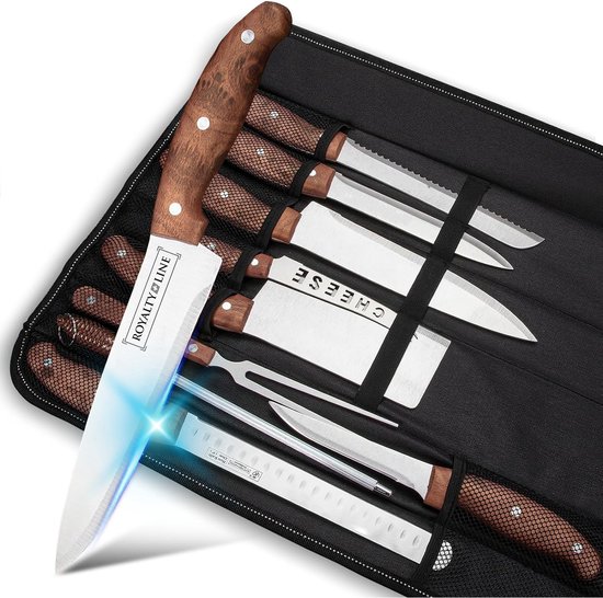 Royalty Line® K9C Messenset - 9 Delige Keuken Messensets met Opbergtas - Keukenmes - Koksmessen Set - RVS - Met Zak - RVS / Houtlook