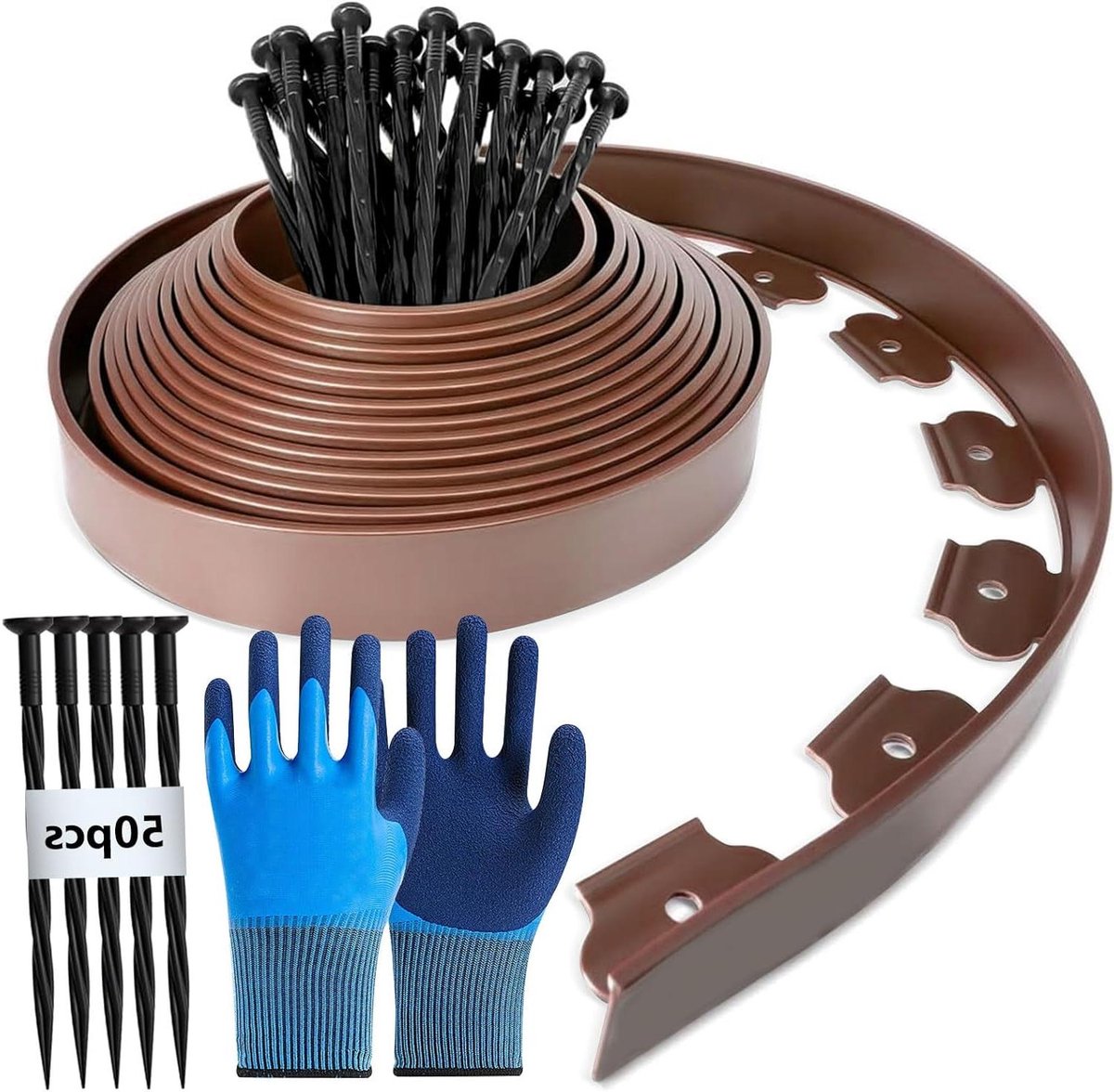 Cosensi - Flexibele kunststof gazonrand 10 meter lang, 5 cm hoog, met 50 grondankers en handschoenen (bruin) - Gazonranden en bloembedrand - Tuinborder op maat met accessoires