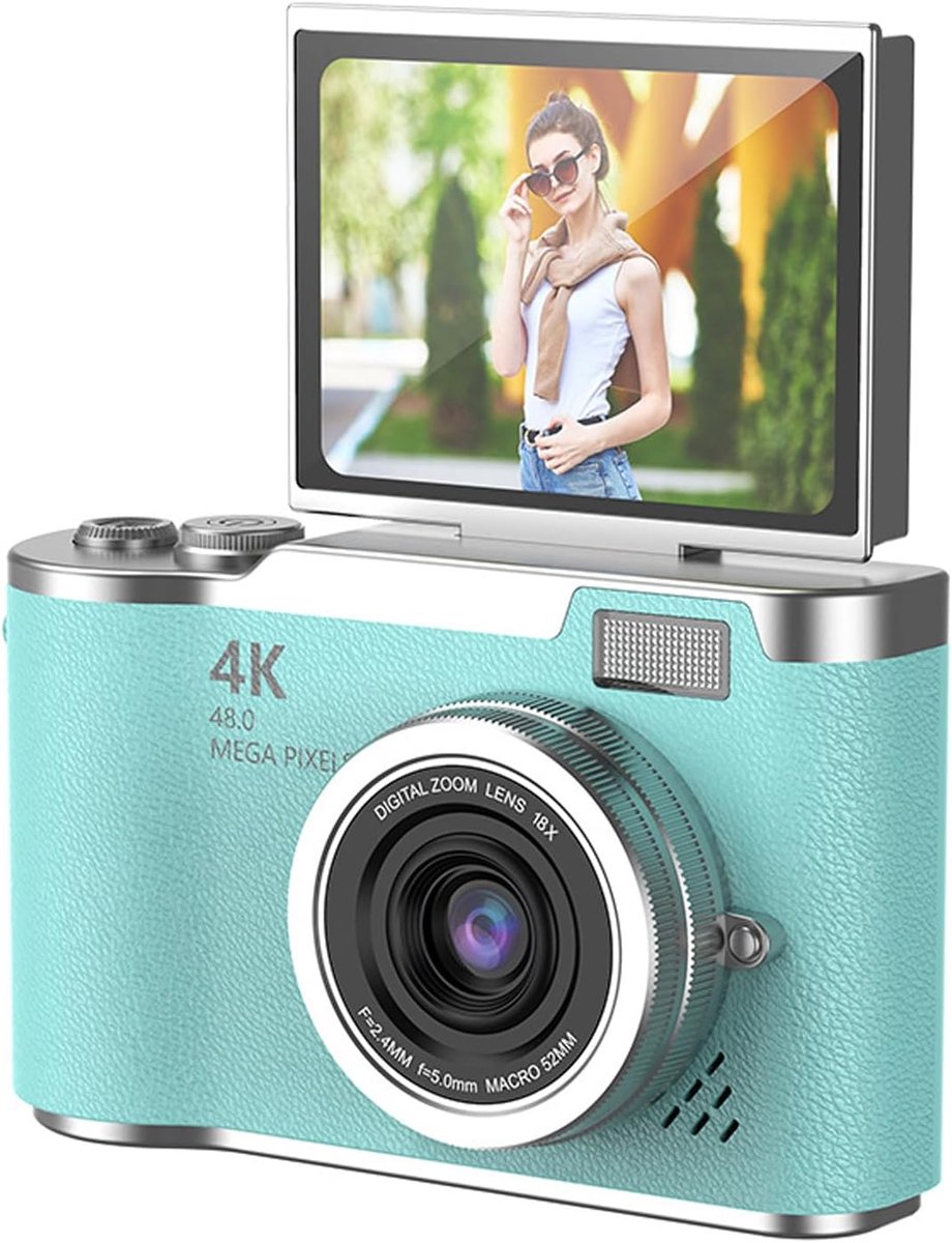 48MP digitale camera - 1080P digitale point-and-shoot camera - Ingebouwde LED-flitser - Inclusief 32GB geheugenkaart + kaartlezer - Draagbare retro CCD-camera - Groen