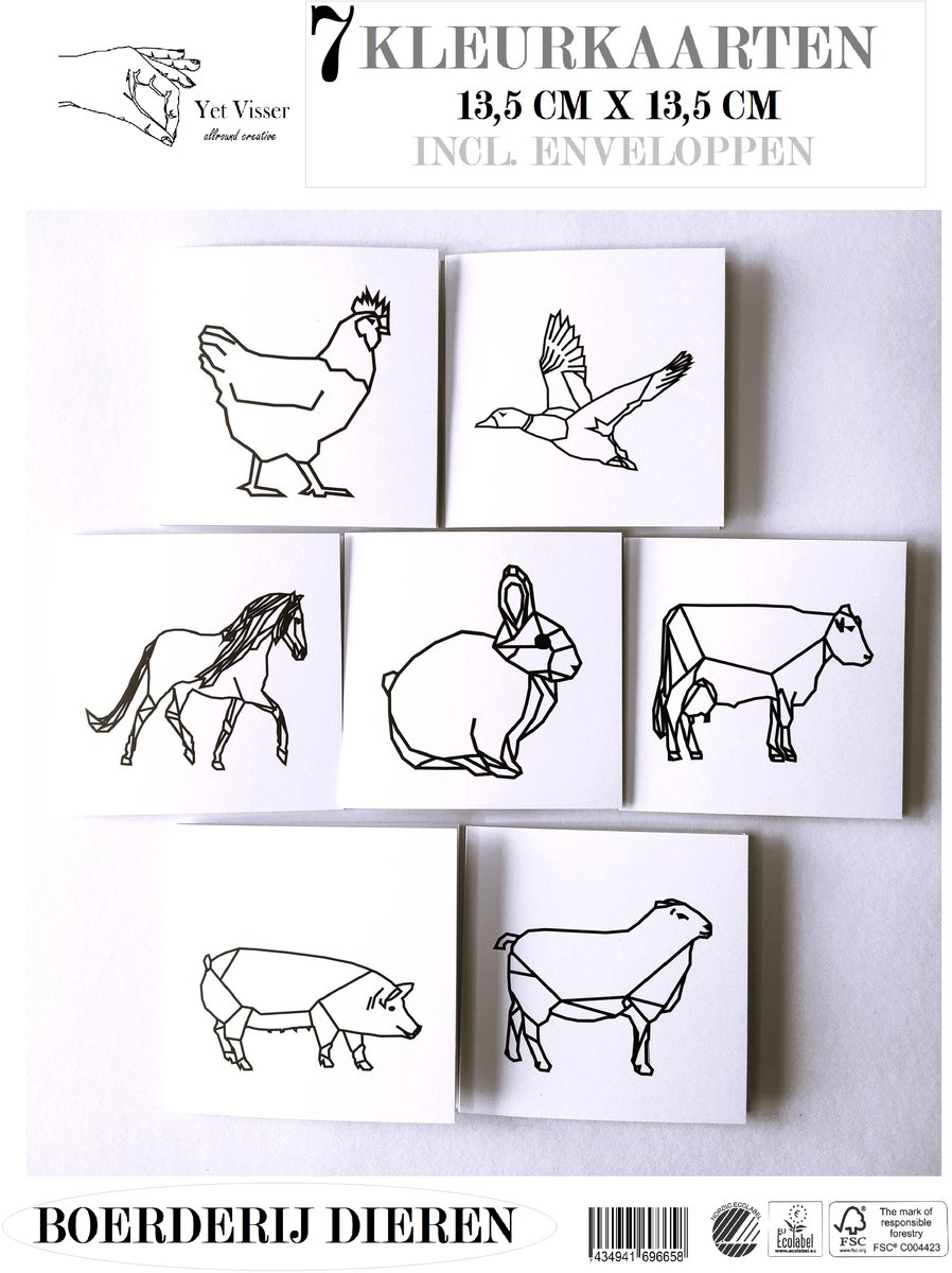 Set kaarten met enveloppen boerderijdieren Yet Visser 13,5 x 13,5 cm