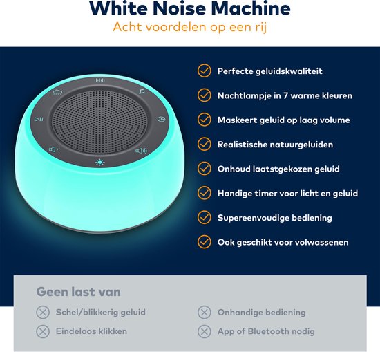 White Noise Machine - Beste keuze - Voor baby's, kinderen en volwassenen - Levensechte natuurgeluiden - White, pink en brown noise - 7 kleuren warme verlichting van Alecto — afbeelding 4