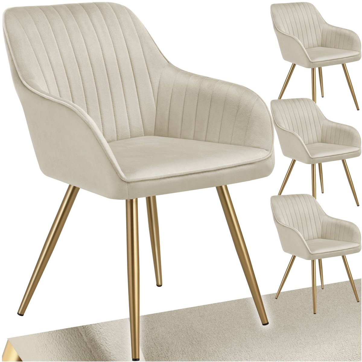 Tectake Eetkamerstoelen Marilyn - Set van 4 - Gestoffeerde Stoel in Fluweellook - Doorgestikt - Zwarte Stoelpoten - Ergonomische Keukenstoel - Doorlopende Rugleuning en Armleuningen - Stoel voor Woonkamer, Eetkamer, Slaapkamer - Creme