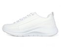 Zijaanzicht van een witte Skechers damessneaker met dikke witte zool en vetersluiting.