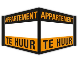Immobord /Raambord / Makelaarsbord | "Appartement te huur" | Vouwbord 140×50 cm | Kanaalplaat | Incl. sterke dubbelzijdige tape | Zwart | Oranje | Appartement verhuren | Verhuren