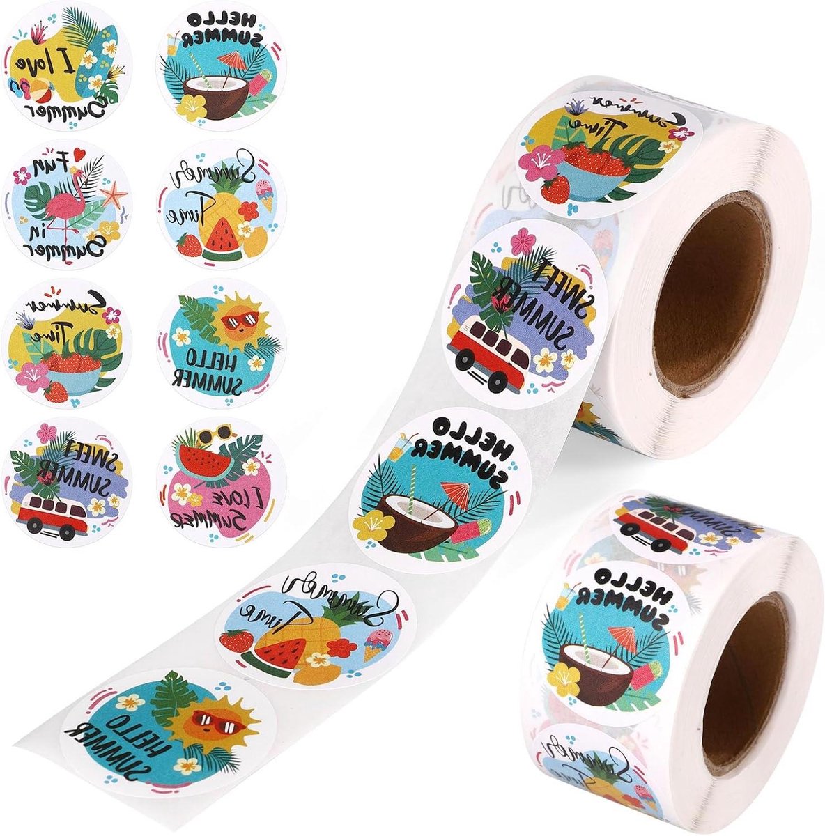 Zomerstickers Voor Kinderen - Hello Summer Thema - Tropisch Hawaii Feestdecoratie - 1000 Stuks - Kokosnoot Palm Watermeloen Stickers - Cadeauverpakking Snoepzakjes - Strandthema - 2 Rollen